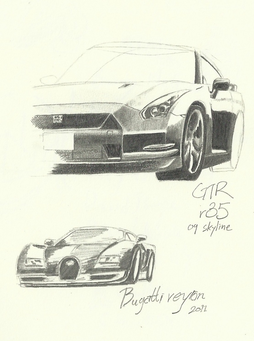 铅笔素描gtr 35 & bugatti 16.4 veyron  呢期好钟情画 